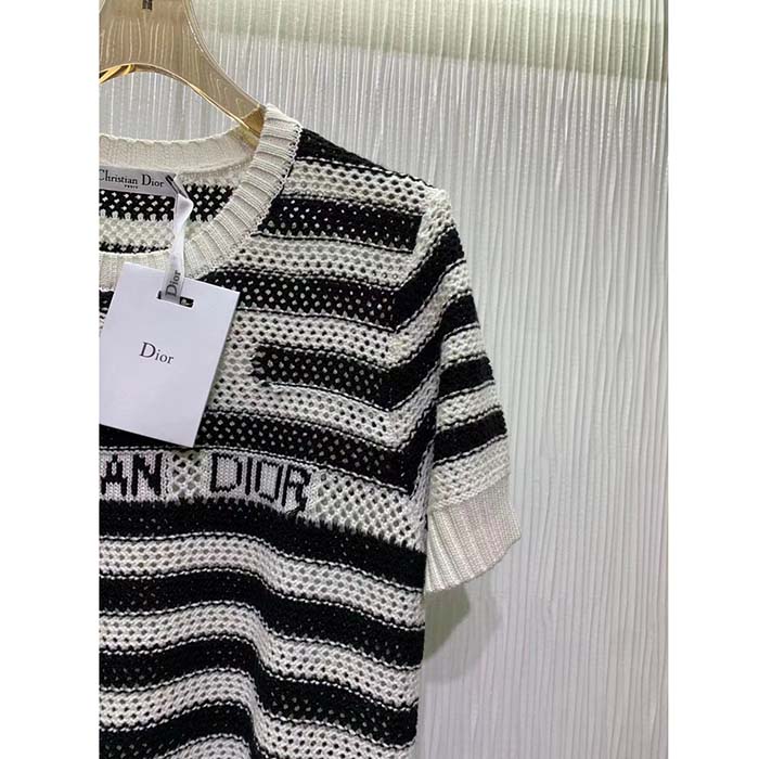 Dior Women CD Marinière Short-Sleeved Sweater White Blue Openwork Cotton