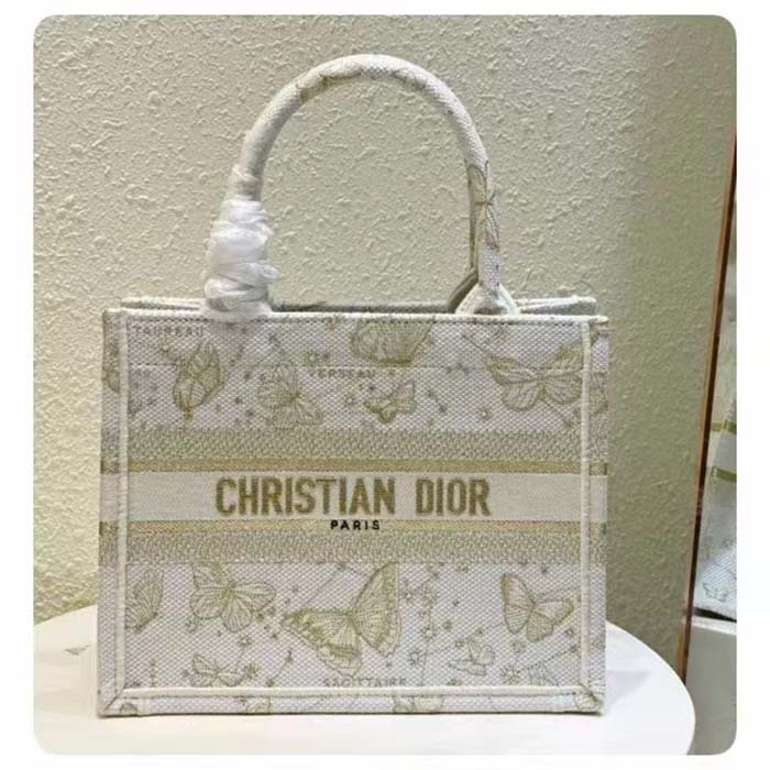 Dior Women CD Medium Dior Book Tote White Butterfly Zodiac Embroidery