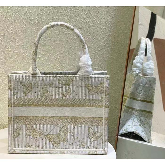 Dior Women CD Medium Dior Book Tote White Butterfly Zodiac Embroidery