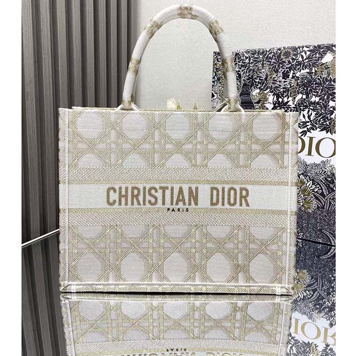 Dior Women CD Medium Dior Book Tote White Gold Macrocannage Embroidery