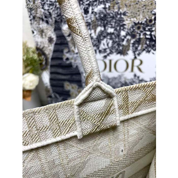 Dior Women CD Medium Dior Book Tote White Gold Macrocannage Embroidery