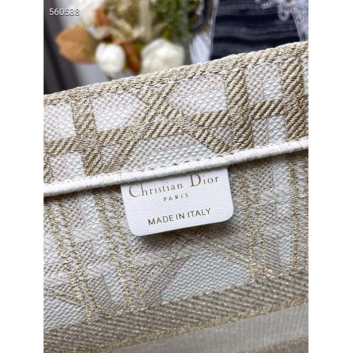 Dior Women CD Medium Dior Book Tote White Gold Macrocannage Embroidery