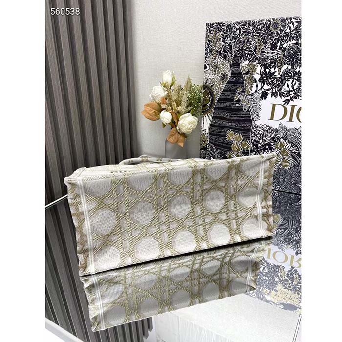 Dior Women CD Medium Dior Book Tote White Gold Macrocannage Embroidery