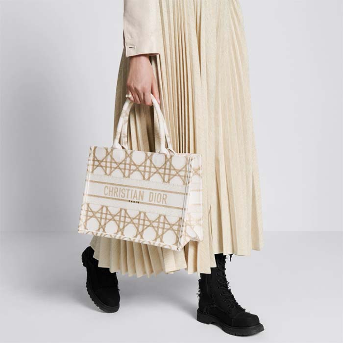 Dior Women CD Medium Dior Book Tote White Gold Macrocannage Embroidery