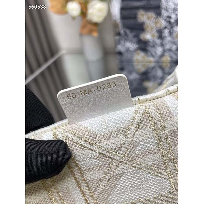 Dior Women CD Medium Dior Book Tote White Gold Macrocannage Embroidery