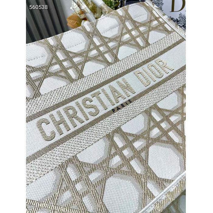 Dior Women CD Medium Dior Book Tote White Gold Macrocannage Embroidery