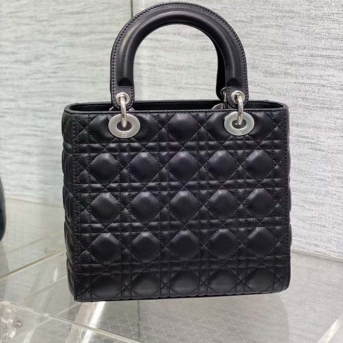 Dior Women CD Medium Lady Dior Bag Black Cannage Lambskin Silver