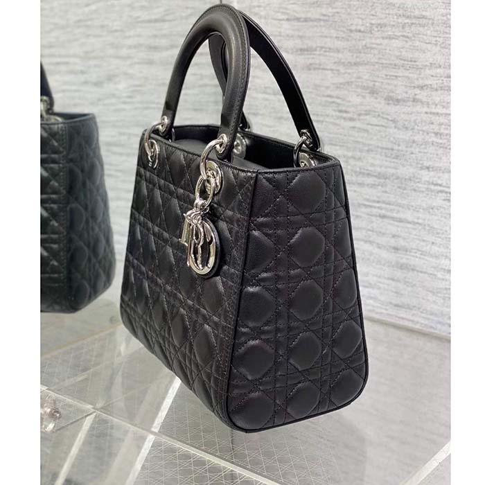 Dior Women CD Medium Lady Dior Bag Black Cannage Lambskin Silver
