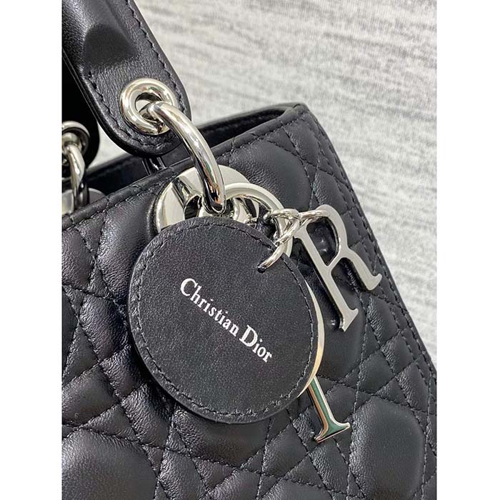 Dior Women CD Medium Lady Dior Bag Black Cannage Lambskin Silver