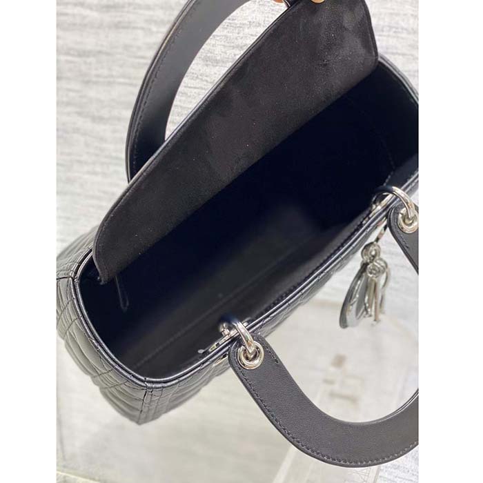 Dior Women CD Medium Lady Dior Bag Black Cannage Lambskin Silver