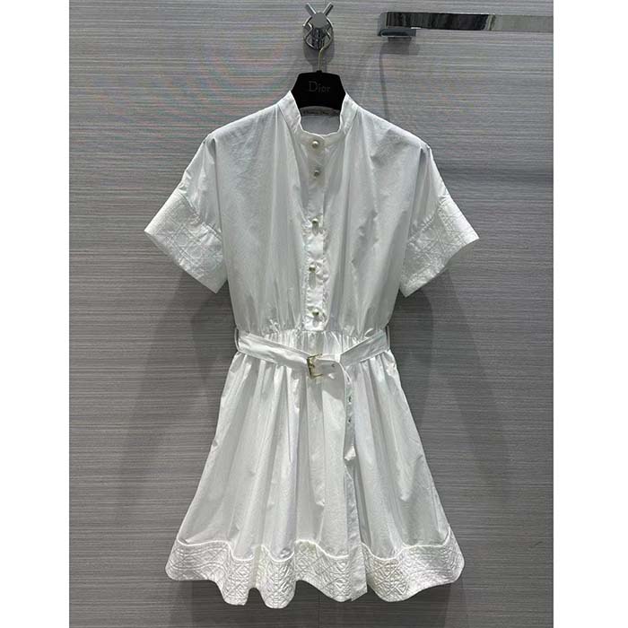 Dior Women CD Mid-Length Belted Macrocannage Dress Ecru Cotton