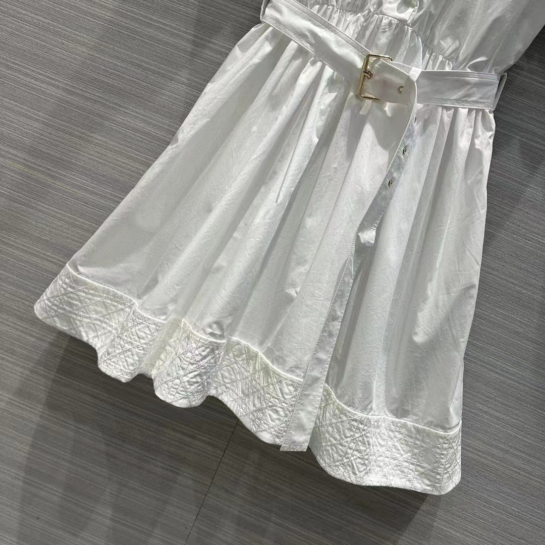 Dior Women CD Mid-Length Belted Macrocannage Dress Ecru Cotton