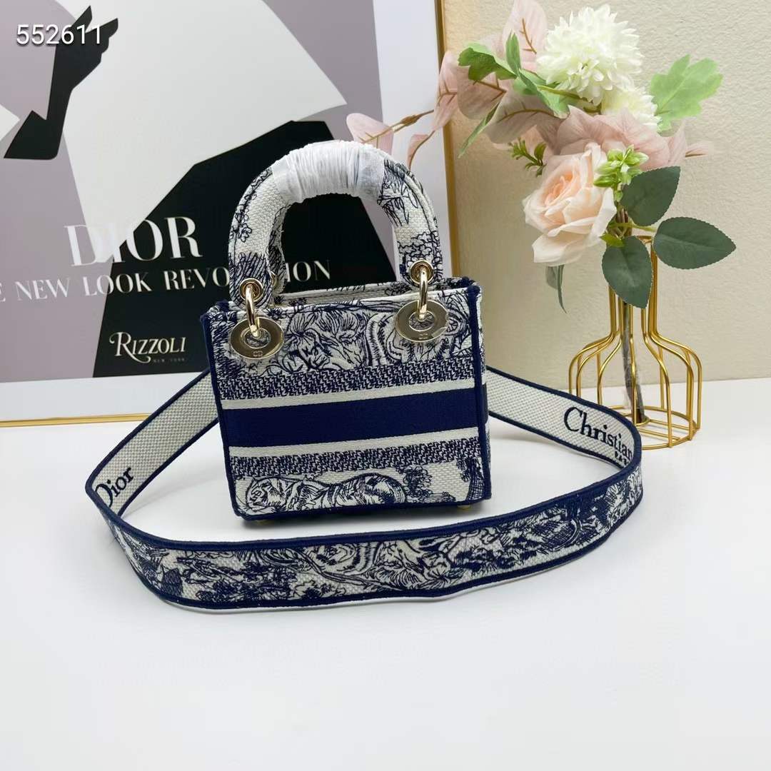 Dior Women CD Mini Lady D-Lite Bag White Navy Toile De Jouy Embroidery