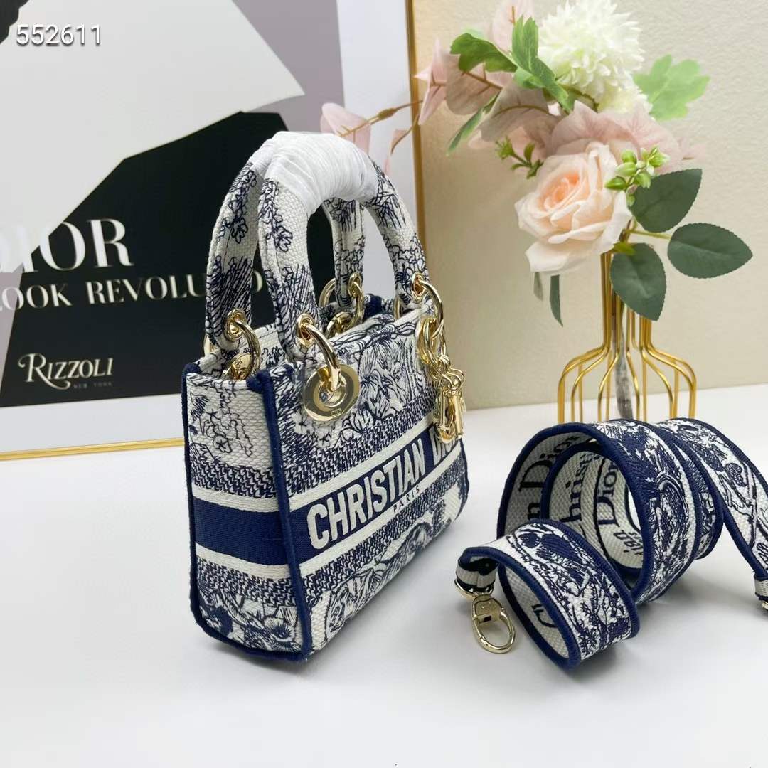 Dior Women CD Mini Lady D-Lite Bag White Navy Toile De Jouy Embroidery
