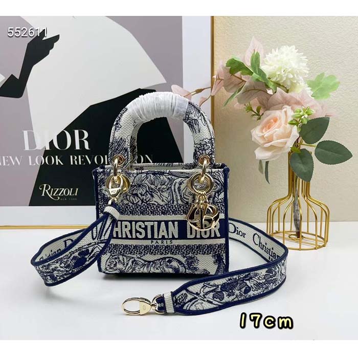 Dior Women CD Mini Lady D-Lite Bag White Navy Toile De Jouy Embroidery