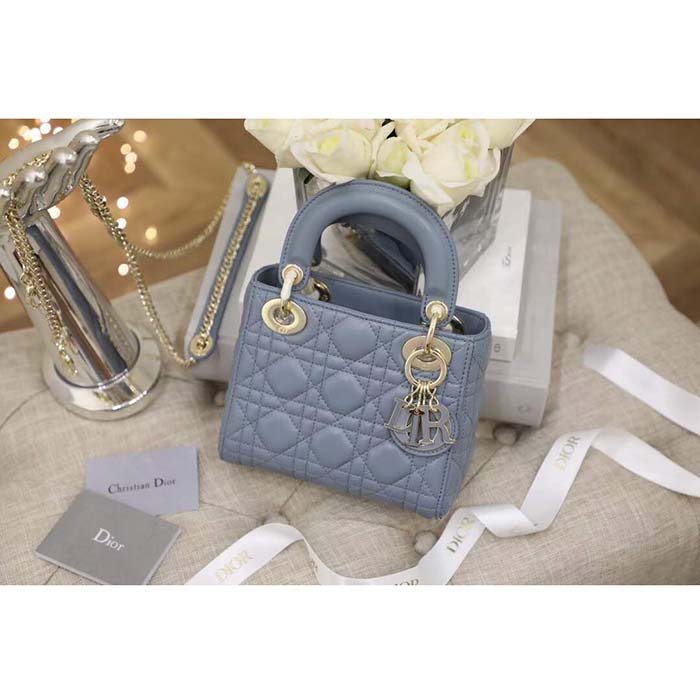 Dior Women CD Mini Lady Dior Bag Cloud Blue Cannage Lambskin