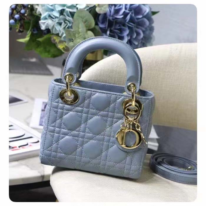 Dior Women CD Mini Lady Dior Bag Placid Blue Cannage Lambskin