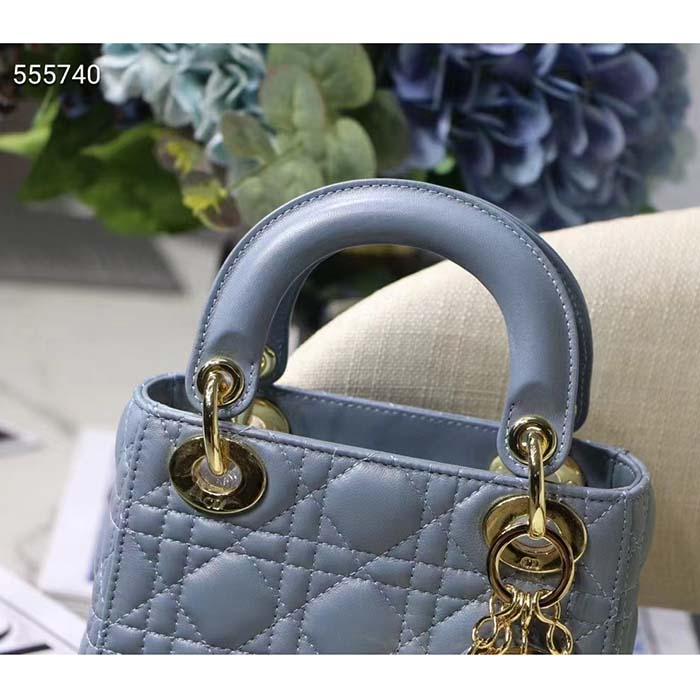 Dior Women CD Mini Lady Dior Bag Placid Blue Cannage Lambskin