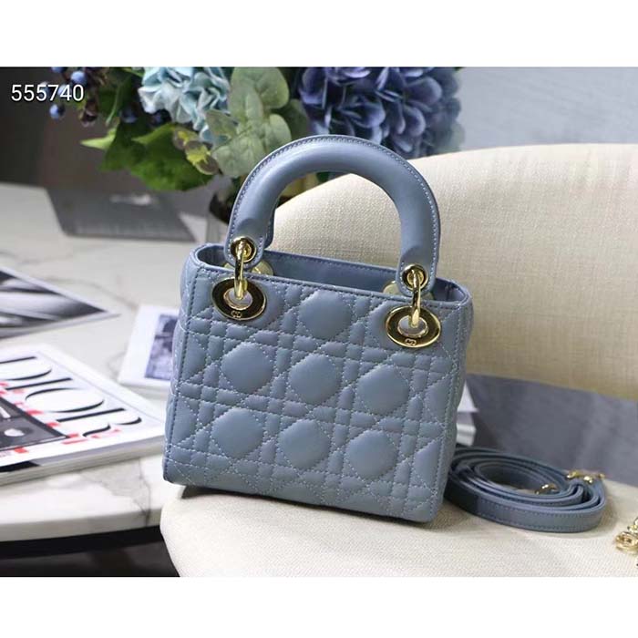 Dior Women CD Mini Lady Dior Bag Placid Blue Cannage Lambskin