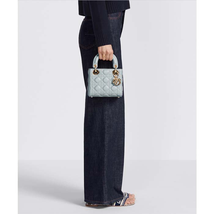 Dior Women CD Mini Lady Dior Bag Placid Blue Cannage Lambskin