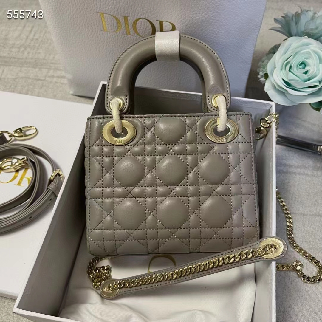 Dior Women CD Mini Lady Dior Bag Stone Gray Cannage Lambskin