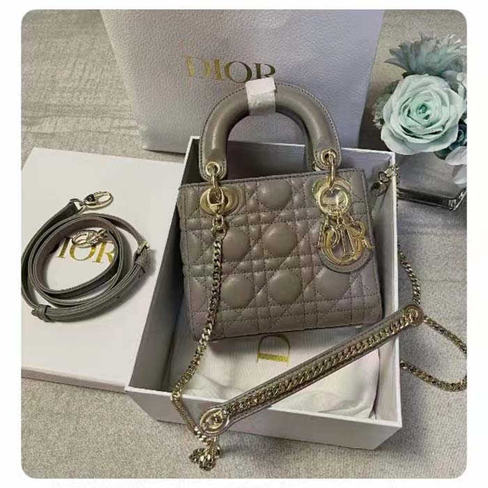 Dior Women CD Mini Lady Dior Bag Stone Gray Cannage Lambskin