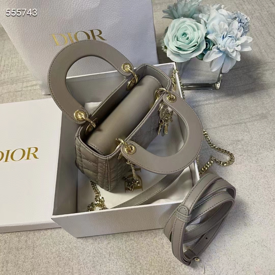 Dior Women CD Mini Lady Dior Bag Stone Gray Cannage Lambskin