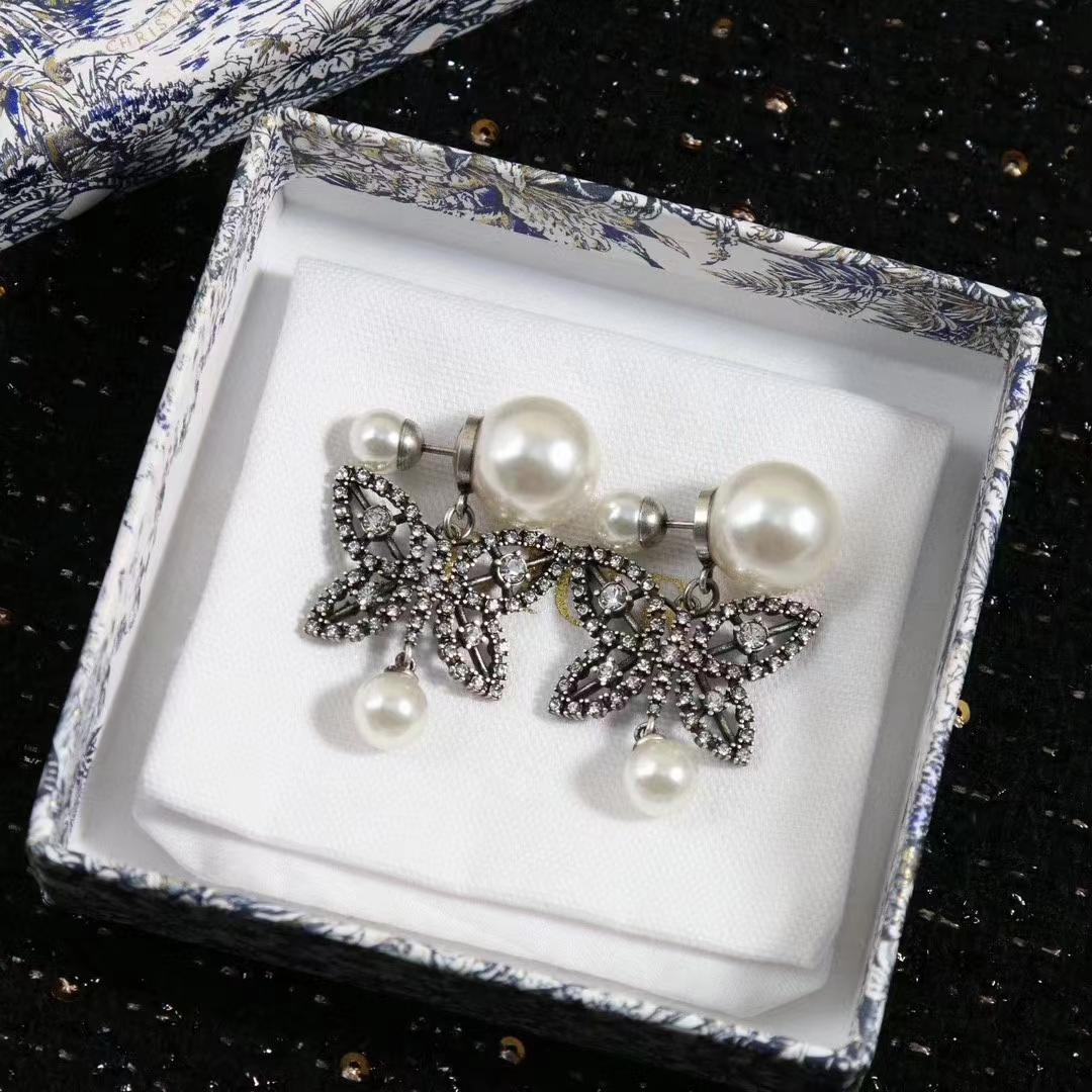 Dior Women CD Papillon De Nuit Earrings Antique Silver Metal Pearls