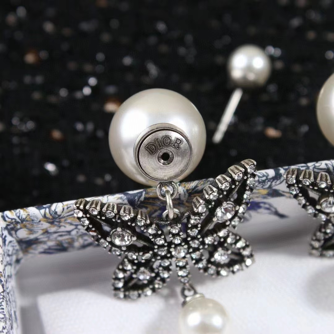 Dior Women CD Papillon De Nuit Earrings Antique Silver Metal Pearls