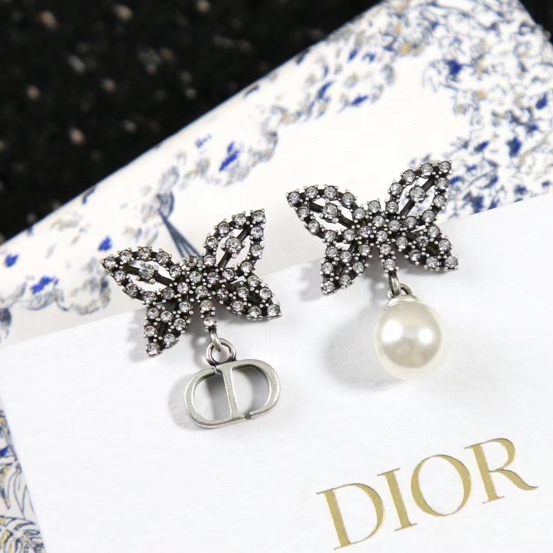 Dior Women CD Papillon De Nuit Earrings Silver Metal Pearls