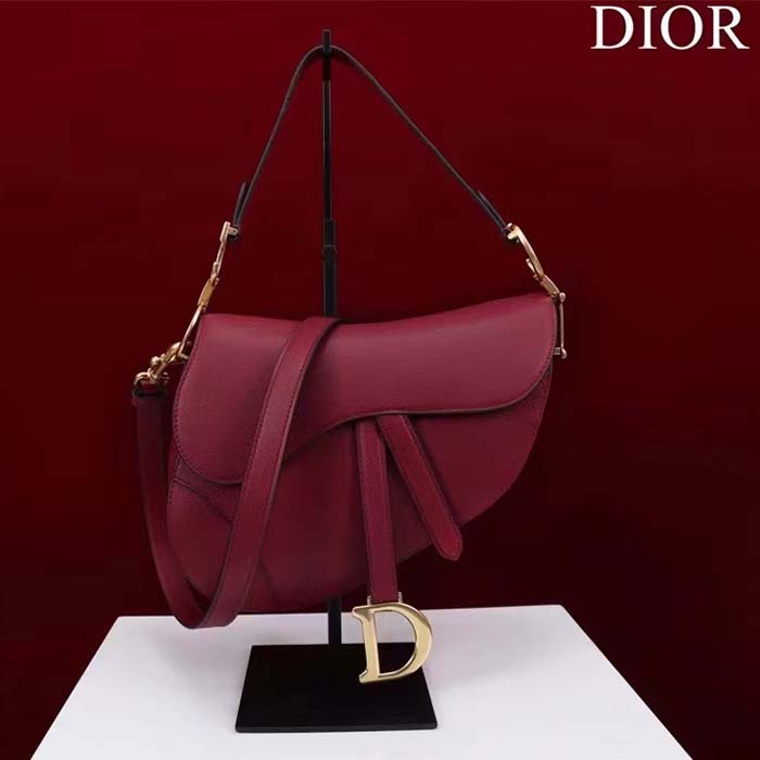 Dior Women CD Saddle Bag Strap Amaryllis Red Grained Calfskin