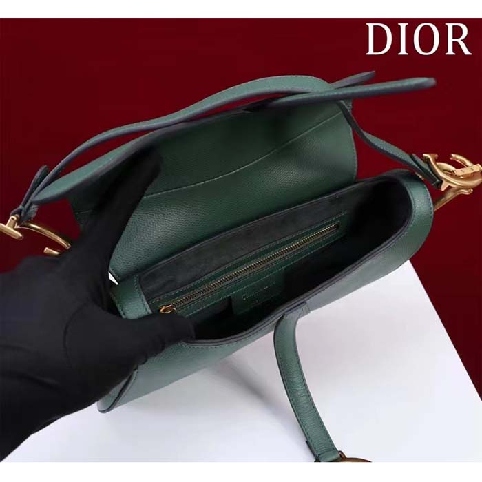 Dior Women CD Saddle Bag Strap Pine Green Grained Calfskin