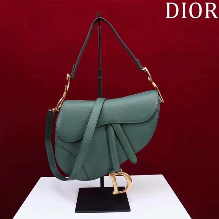 Dior Women CD Saddle Bag Strap Pine Green Grained Calfskin
