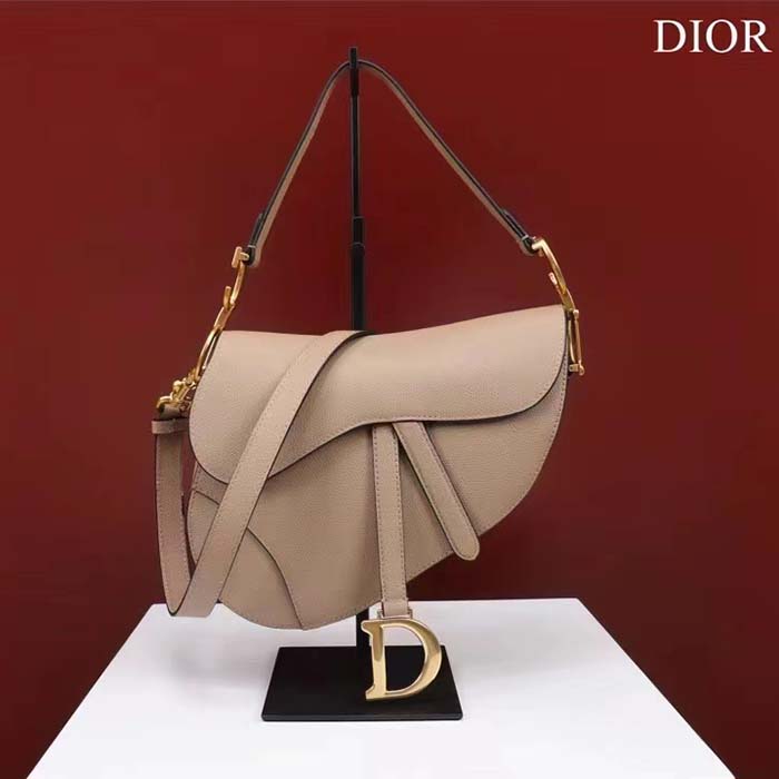 Dior Women CD Saddle Bag Strap Sand-Colored Grained Calfskin
