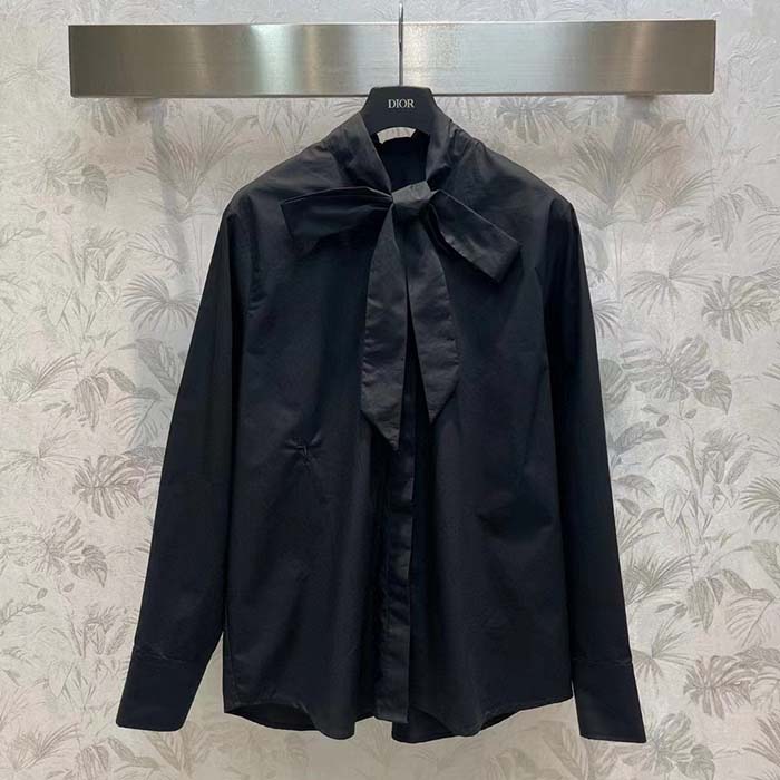 Dior Women CD Shirt Bow Collar Black Cotton Silk Poplin