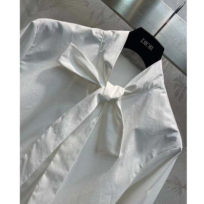 Dior Women CD Shirt Bow Collar White Cotton Silk Poplin