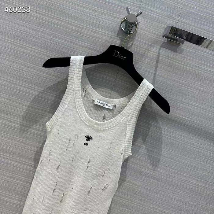 Dior Women CD Tank Top White Technical Linen Knit
