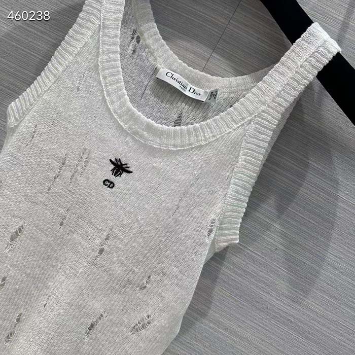 Dior Women CD Tank Top White Technical Linen Knit