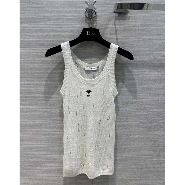 Dior Women CD Tank Top White Technical Linen Knit