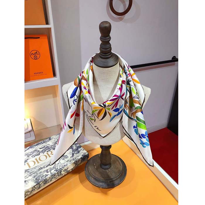 Dior Women CD Toile De Jouy Fantastica 90 Square Scarf White Multicolor Silk Twill