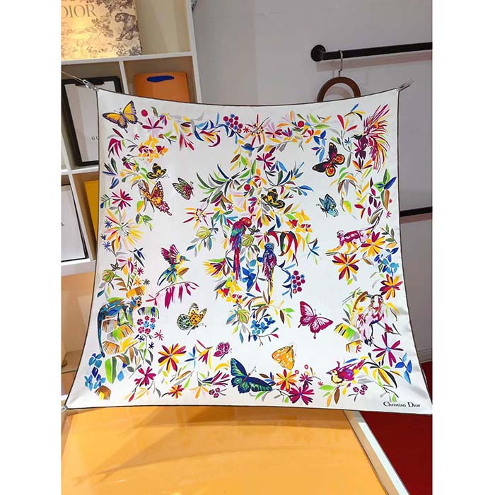 Dior Women CD Toile De Jouy Fantastica 90 Square Scarf White Multicolor Silk Twill