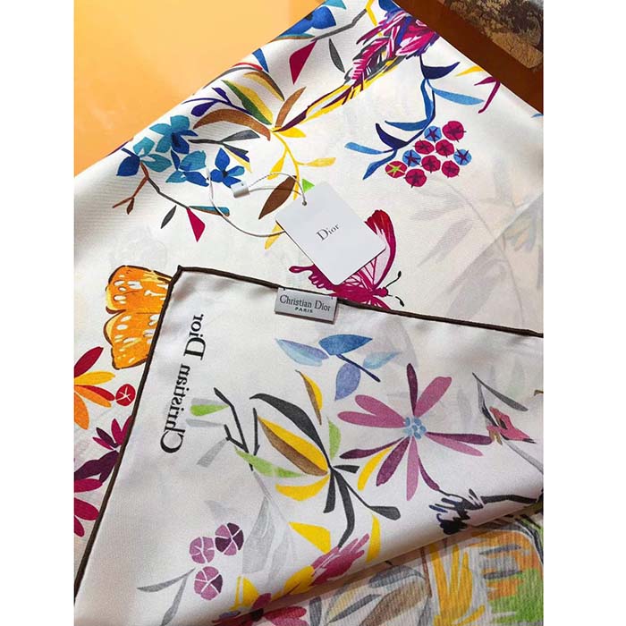 Dior Women CD Toile De Jouy Fantastica 90 Square Scarf White Multicolor Silk Twill