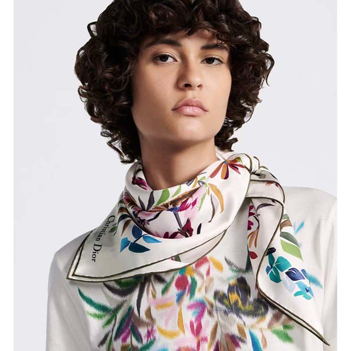 Dior Women CD Toile De Jouy Fantastica 90 Square Scarf White Multicolor Silk Twill