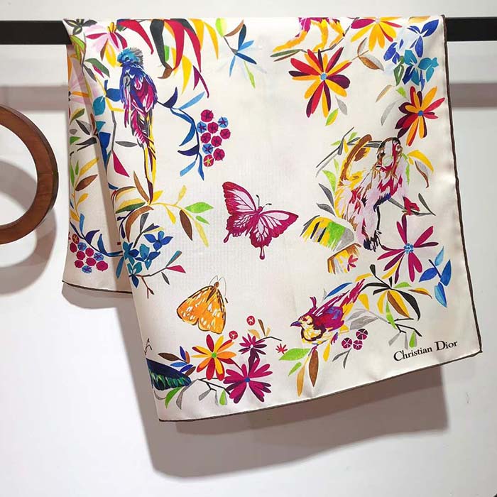 Dior Women CD Toile De Jouy Fantastica 90 Square Scarf White Multicolor Silk Twill