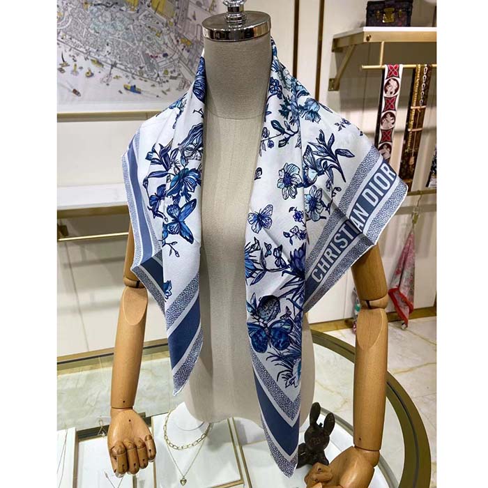 Dior Women CD Toile De Jouy Mexico 90 Square Scarf Blue Silk Twill