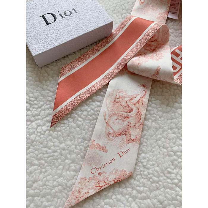 Dior Women CD Toile De Jouy Sauvage Mitzah Scarf Ivory Pink Silk Twill