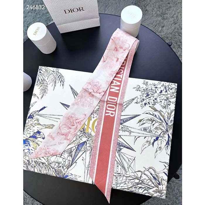 Dior Women CD Toile De Jouy Sauvage Mitzah Scarf Ivory Pink Silk Twill