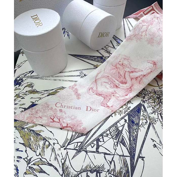 Dior Women CD Toile De Jouy Sauvage Mitzah Scarf Ivory Pink Silk Twill