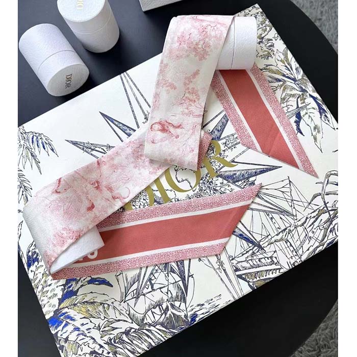 Dior Women CD Toile De Jouy Sauvage Mitzah Scarf Ivory Pink Silk Twill