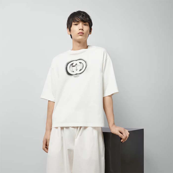 Gucci GG Men Cotton Jersey T-Shirt Crewneck Dropped Shoulder Short Sleeves